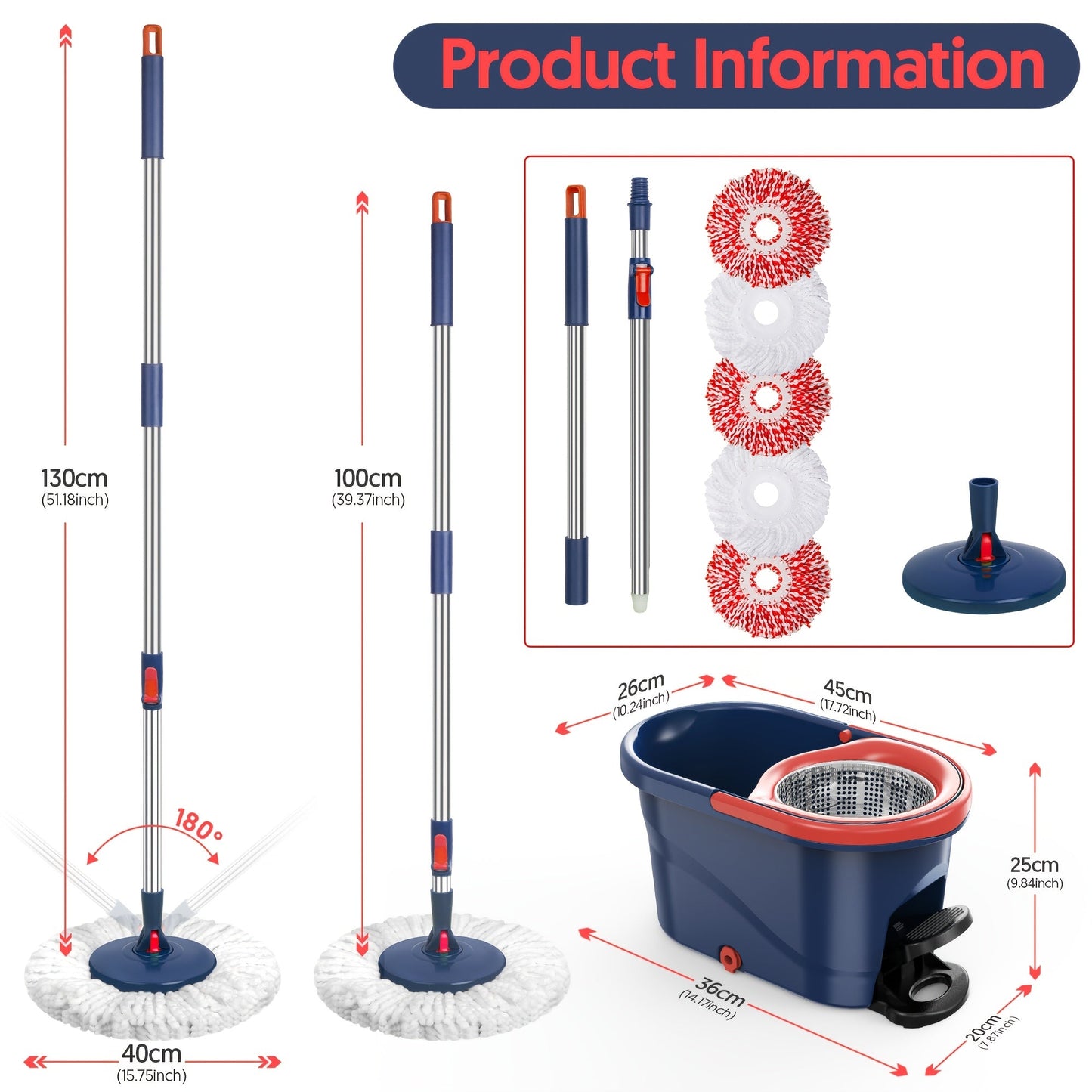 This Navy Red Heavy-Duty Spin Mop and Bucket Set with Wringer includes 5 reusable pads, making it ideal for both indoor and outdoor use. This spin mop and bucket system is perfect for cleaning floors effectively.