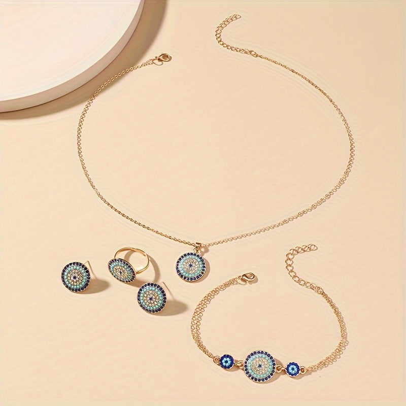 Chic 5-piece Devil's Eye Jewelry Set featuring a timeless blue eye necklace and earrings, with a stylish Middle Eastern-inspired design, perfect for women.