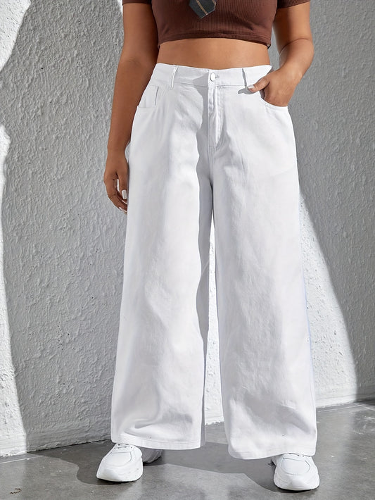 Plus Size Women's Wide Leg White Jeans with Slash Pockets