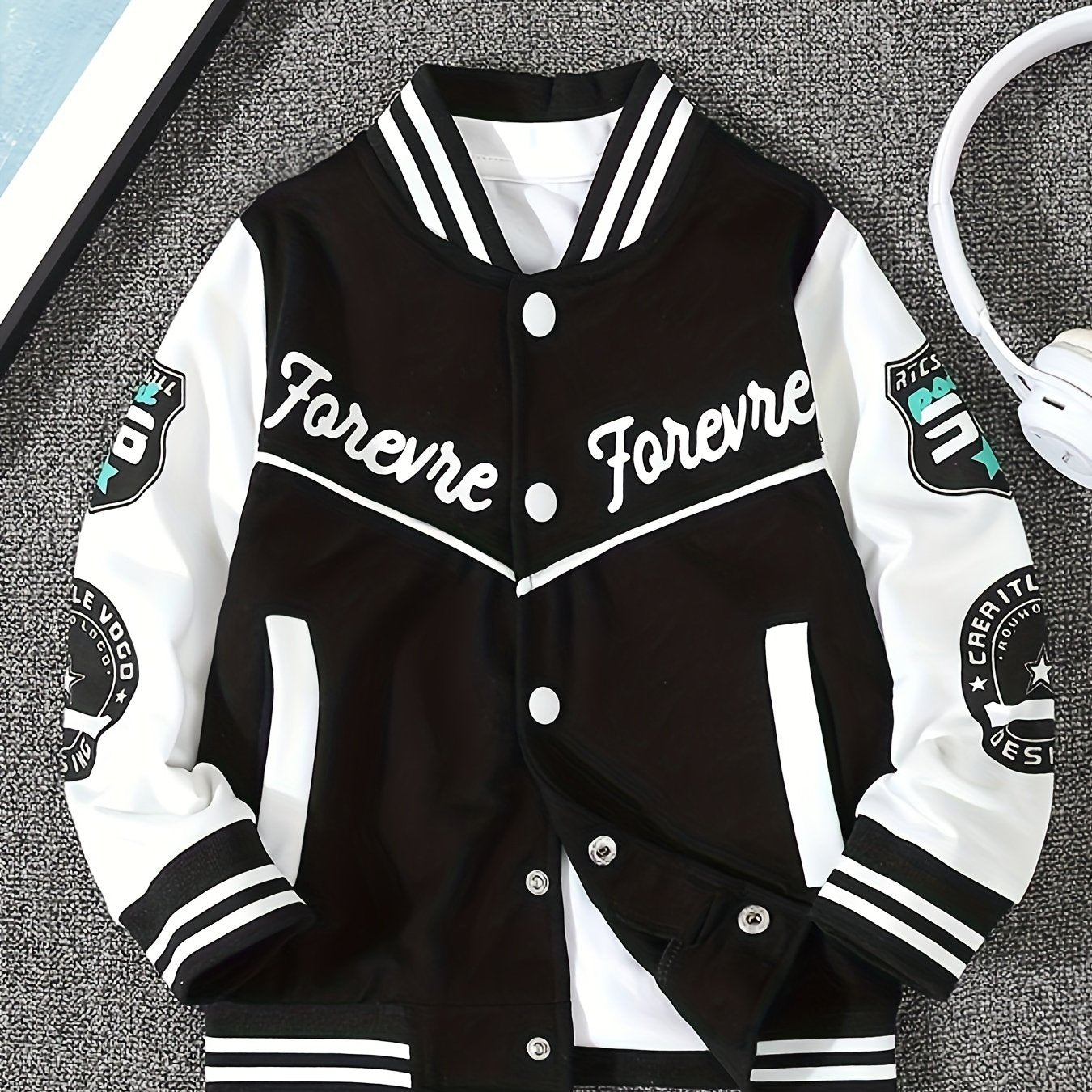 Boys Long Sleeve Varsity Baseball Jacket with Letter Graphic and Color Block Design, Drop Shoulder Style, No Hoodie