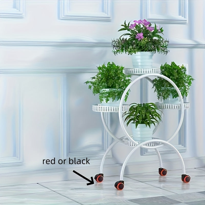 European-style metal hanging plant stand with wheels, multi-level mobile planter rack, circular design for indoors and outdoors.