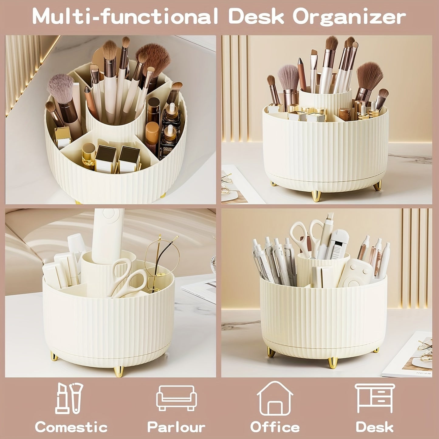 Luxury Stripe Design Makeup Organizer with 360° Rotation and 5 Compartments.