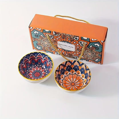 Handmade Bohemian ceramic bowl gift set featuring vibrant orange and blue mandala design. Ideal for serving cereal, ice cream, or pasta. Includes 2/4/6 bowls with elegant storage box. Perfect for holiday gatherings, Christmas, or Thanksgiving.