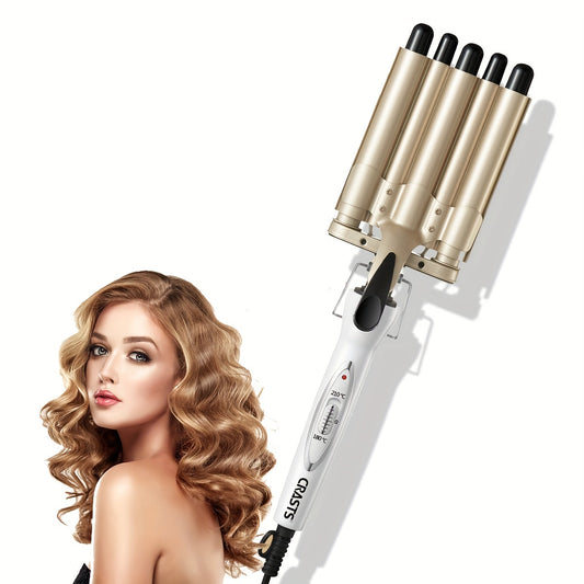 Wavy hair curling iron with temperature control and large barrel for creating water ripple waves and egg roll curls.