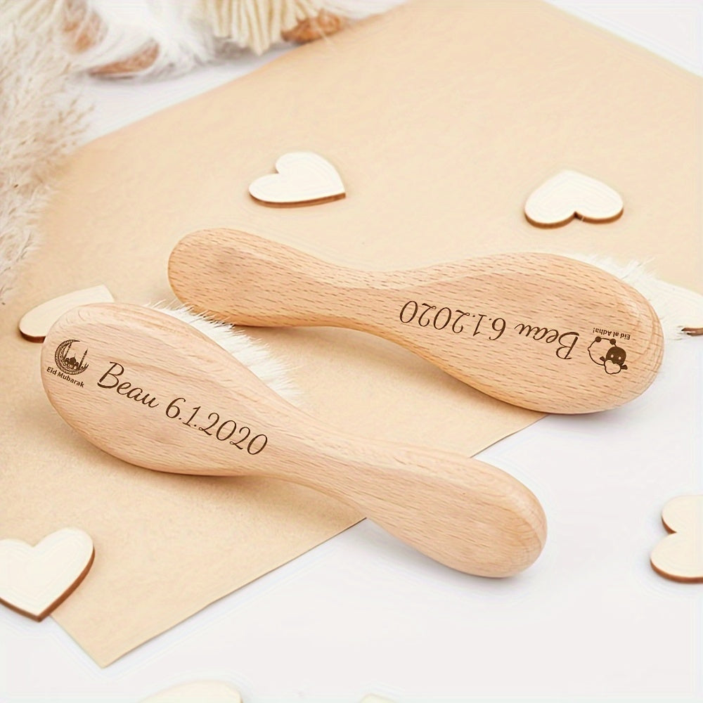 A charming engraved hair brush with a personalized cartoon wooden design, customized with your name. A unique and thoughtful gift option for Mother's Day or Father's Day.