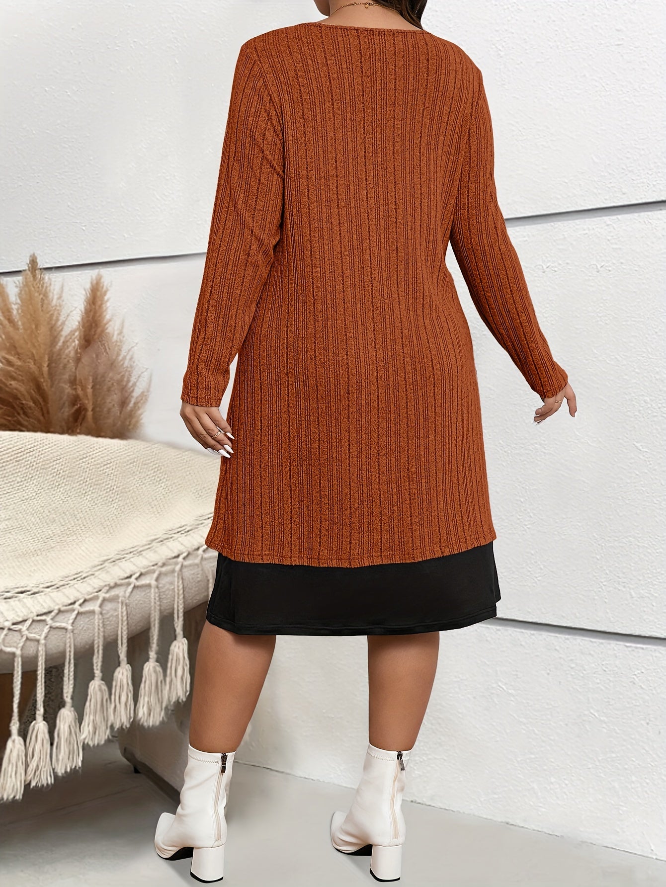 Color block dress for spring and fall, plus size, with long sleeves, elegant.