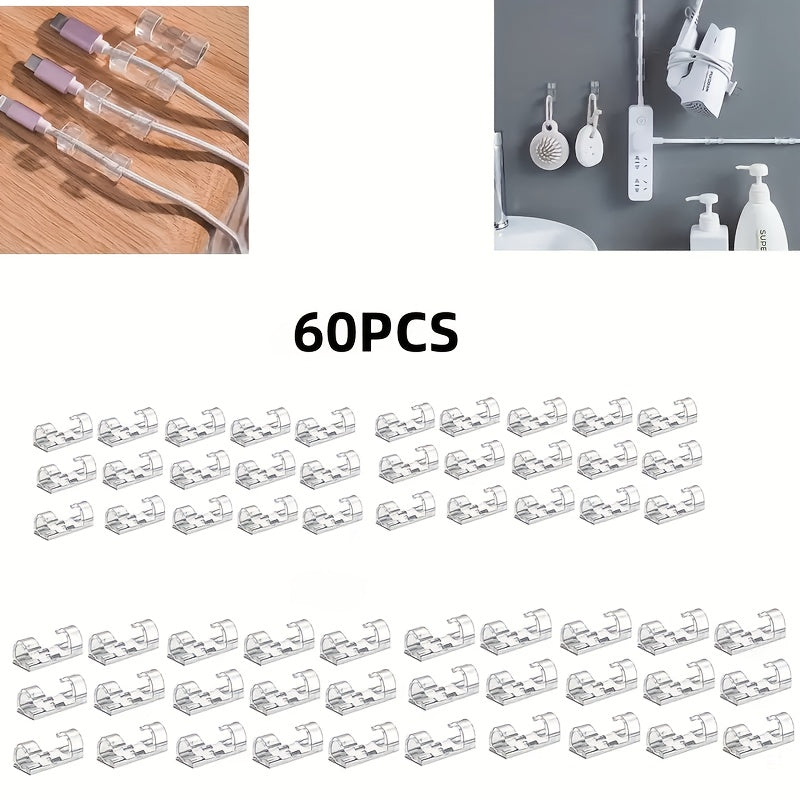 20/60pcs Self-Adhesive Clear Plastic Cable Clips for versatile cord management on walls and desks, ideal for computers, offices, indoors and outdoors, and camping.