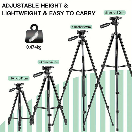 UEGOGO Aluminum Tripod with Gimbal Head, lightweight at 129.54cm, perfect for selfies, video recording, vlogging, and live streaming. Includes carry bag and phone clip, no batteries