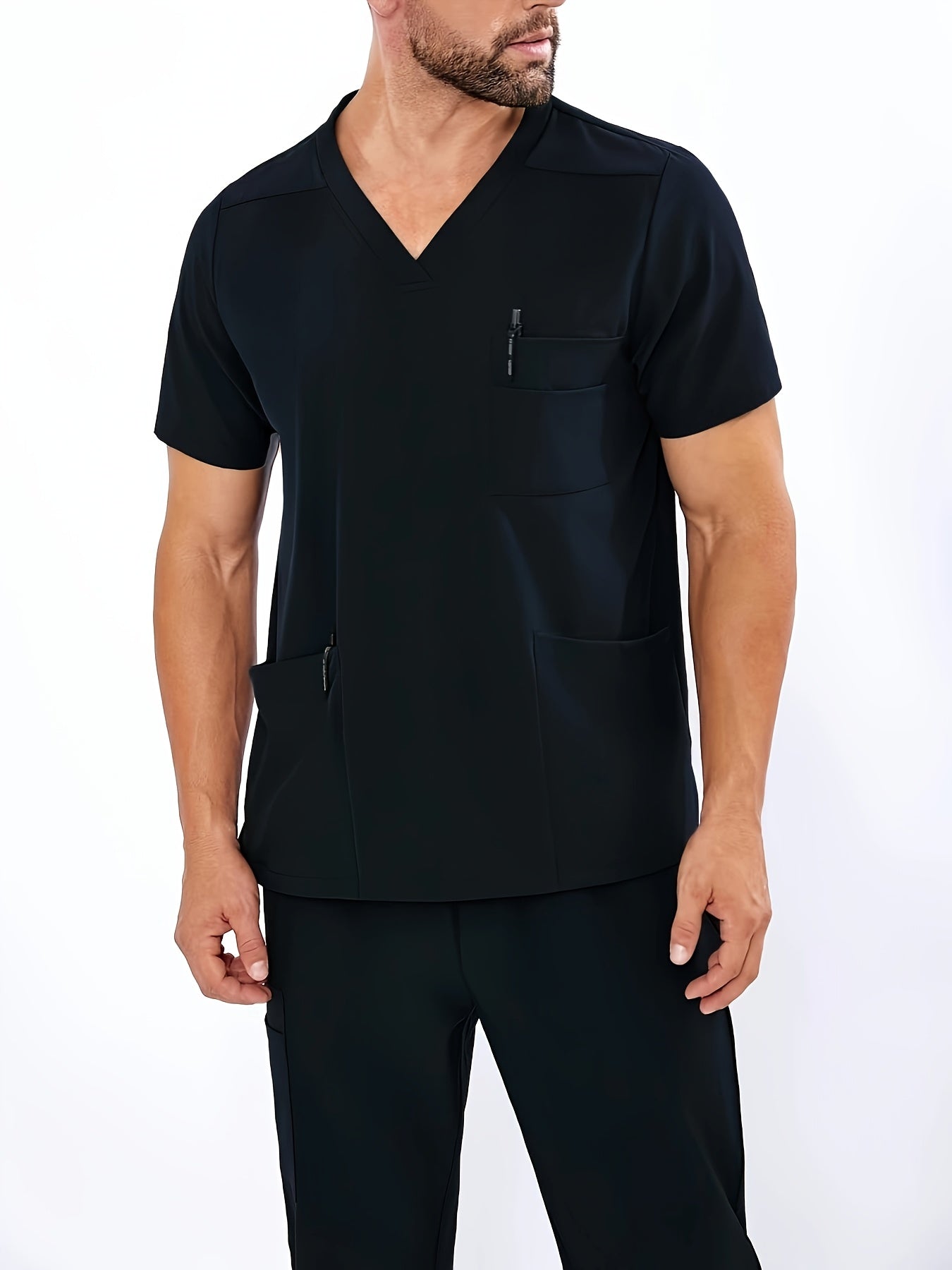 Men's Summer V-Neck Scrub Set with Pockets - Casual, Machine Washable Workwear for Medical Staff