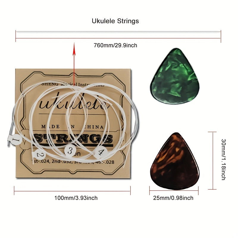 Ukulele strings for 21-inch, 23-inch, and 26-inch guitars, comes with 2 random colored picks.