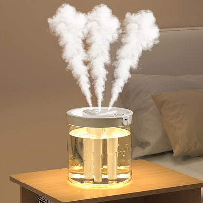 1 compact misting humidifier with 3 outlets, USB-powered, ideal for bedroom or office use, desktop-friendly design.