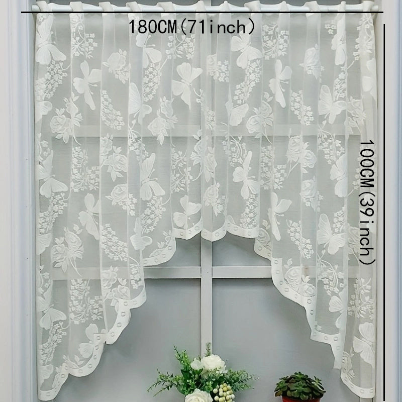 Elegant White Lace Butterfly Floral Curtain - Designed with UV Protection, Rod Pocket for Easy Hanging in Kitchen & Living Room Décor