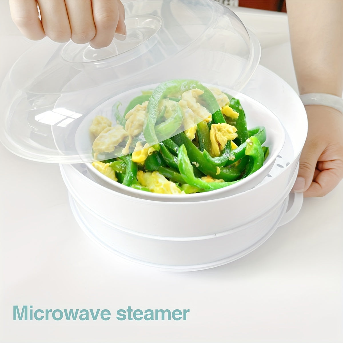 Durable PS Polystyrene Double Boiler System Multi-Tier Microwave Steamer for Quick Steaming Vegetables, Rice, Fish, Buns, and Dumplings - Perfect for Home Kitchen and Restaurant Use