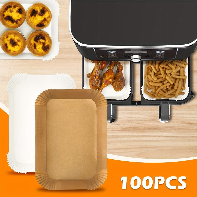 Non-Stick Disposable Air Fryer Liners available in packs of 200, 100, and 50 - perfect for use in square paper basket bowls, baking trays, and air fryer inner pots. These oven-safe kitchen accessories are essential baking tools for hassle-free cooking.