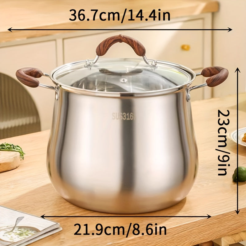 One-piece, versatile Stainless Steel Soup Pot with Lid is highly resistant to high temperatures, featuring a thickened bottom for long-lasting durability. Perfect for preparing soups and stews, this essential kitchenware is a must-have for home cooking