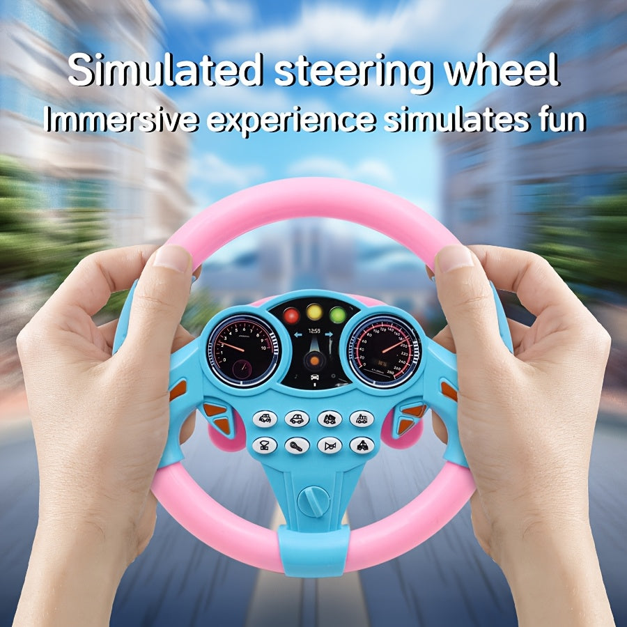 Kids Driving Simulator Steering Wheel Toy in Pink & Yellow, with Suction Cups, Sound Effects, and Educational Play - Perfect Gift for Children.