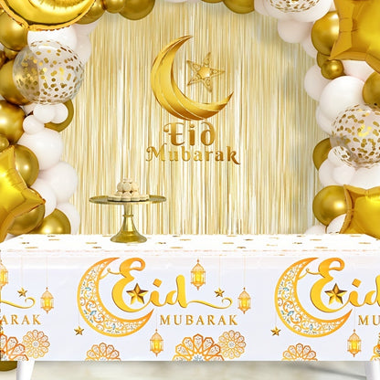 1 Elegant White & Golden Moon Eid Tablecloth with "Eid Mubarak" Design and Islamic Motifs, Disposable Plastic Cover for Ramadan Kareem and Eid Al Adha Celebrations, Ideal for Muslim Party