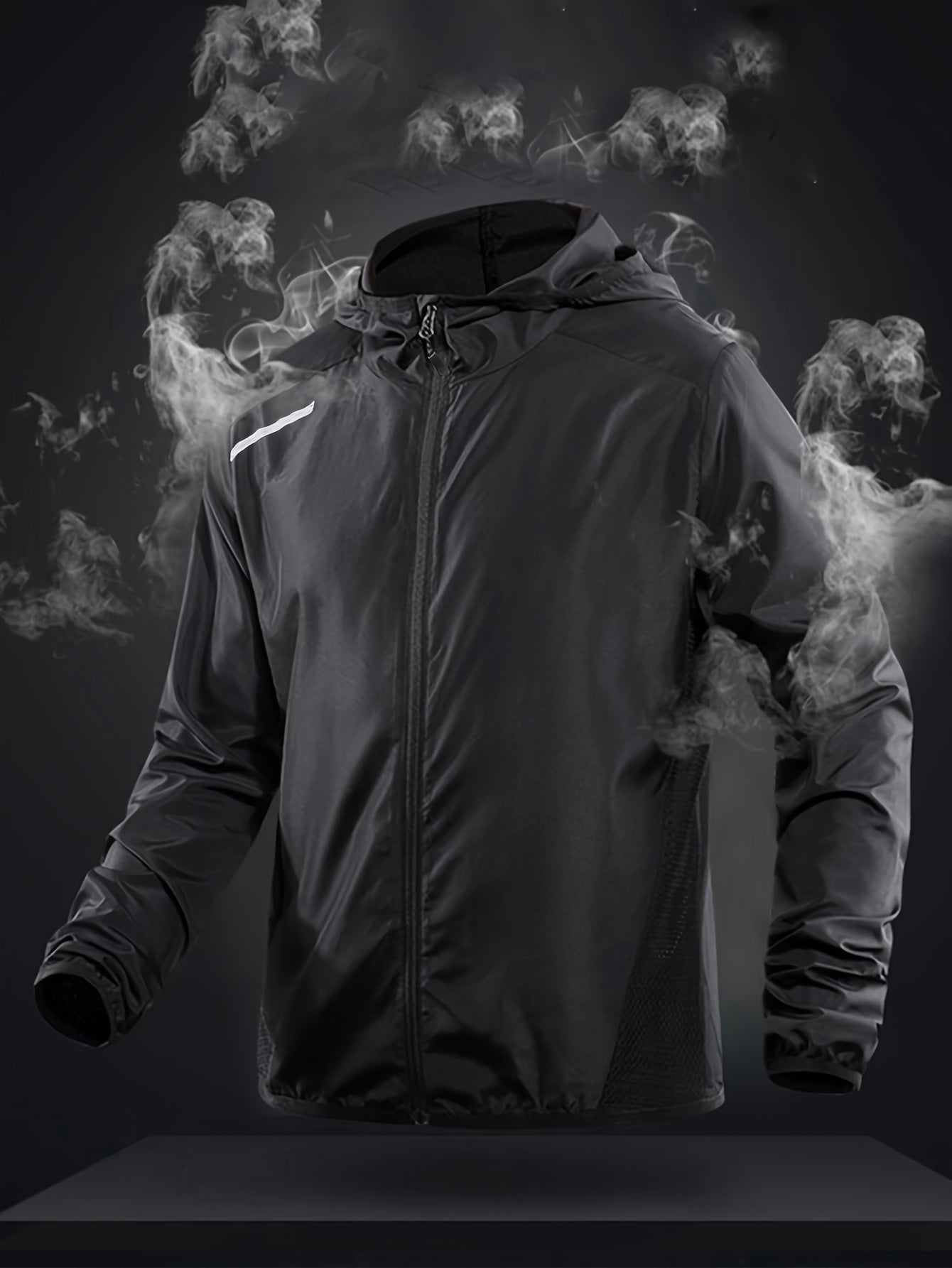 Men's lightweight windproof hooded jacket with reflective straps and mesh panels, ideal for outdoor activities. Features geometric pattern, made from woven fabric with 92% polyamide and 8%