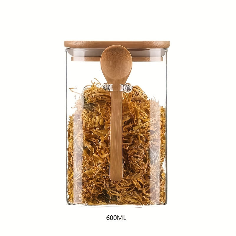 Airtight glass jar with bamboo lid and spoon for kitchen storage, perfect for spices, rice, coffee, candies, etc. Pearl packaging included.