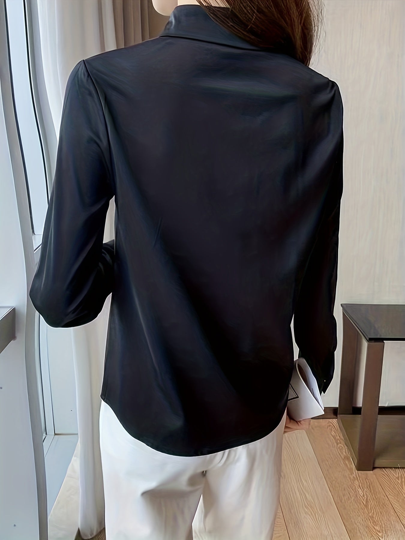 Women's 100% polyester long sleeve blouse in solid color, lapel collar, non-stretch woven fabric with placket. Sexy and professional style, anti-wrinkle, suitable for spring/summer/fall.