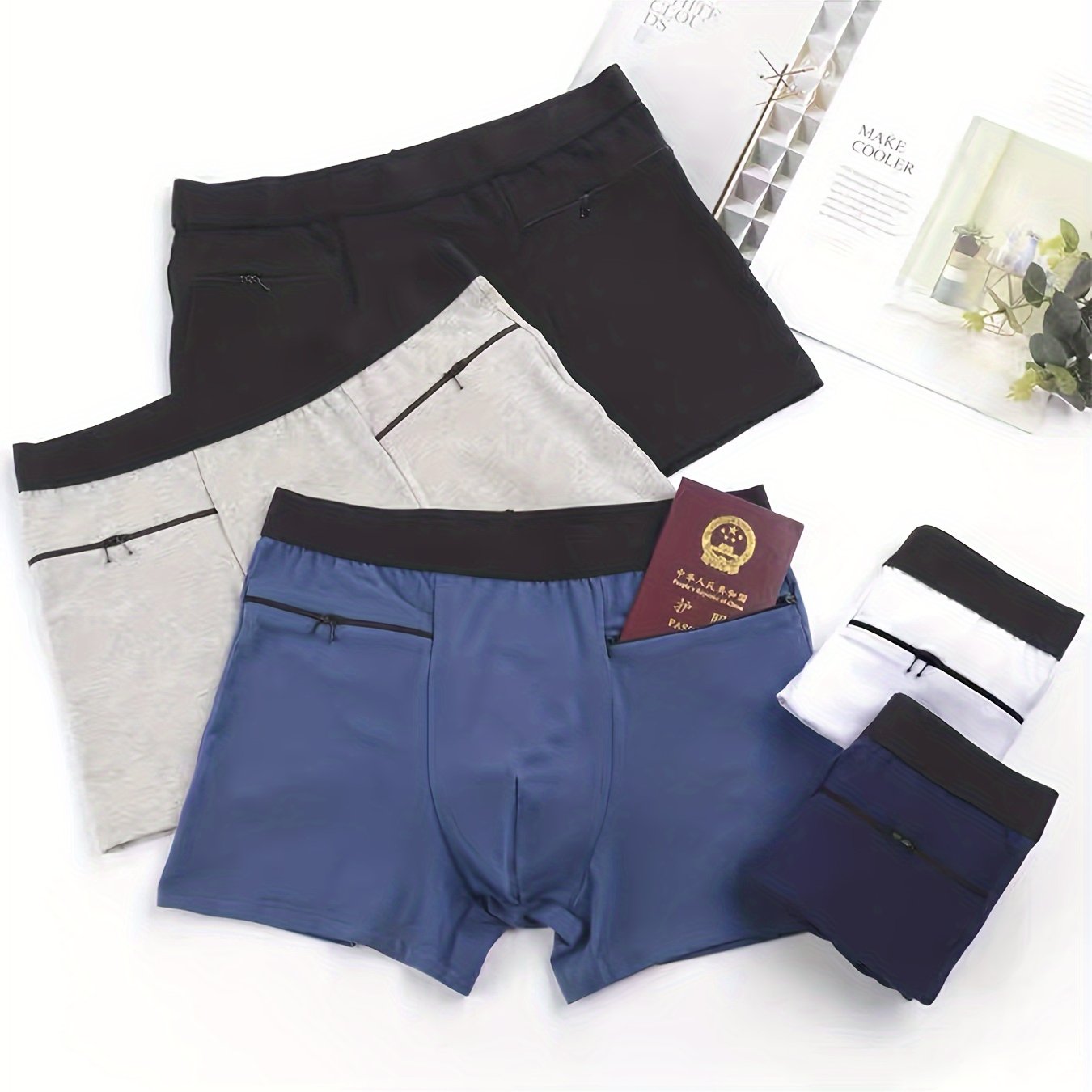 Men's travel underwear with large pockets, square cut, double zipper, and enough space to hide a passport.