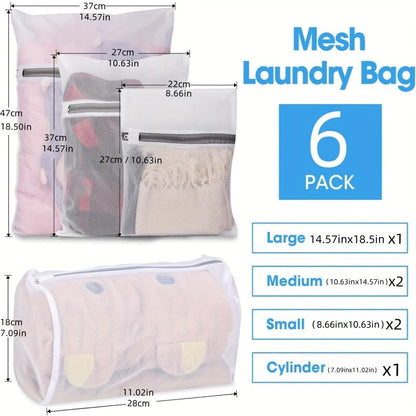 6-Pack of Laundry Bags made of Polyester Fiber - Includes Mesh Washing Bags of Various Sizes with Zipper Closure, Ideal for Delicates & Travel Purposes (1 Large, 2 Medium, 2 Small, 1 Cylinder)