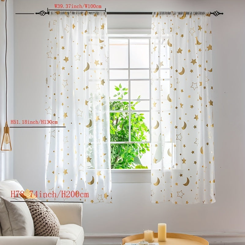 White tulle curtains with shiny silver and golden stars moon cartoon design, perfect for kids' room. Can also be used as modern and cute window treatment sheers for living room or bedroom. Features 1PC rod pocket top for easy hanging.