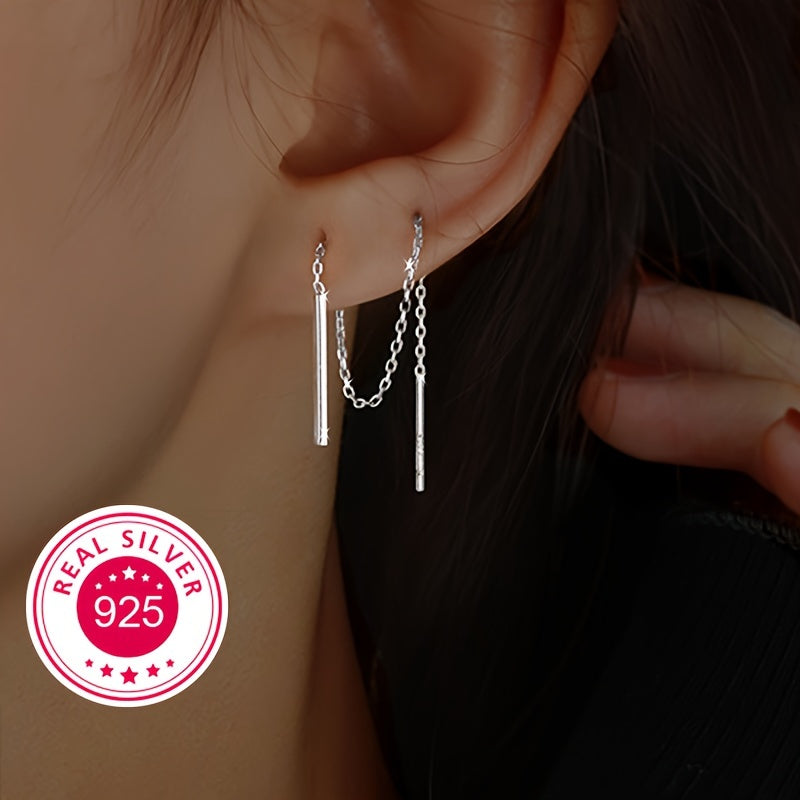 These stunning 925 sterling silver tassel earrings feature a sleek straight-line design and can be styled in multiple ways. Plated with 18k gold, they shine and sparkle brilliantly. Perfect for a Valentine's Day gift, they come beautifully packaged in a