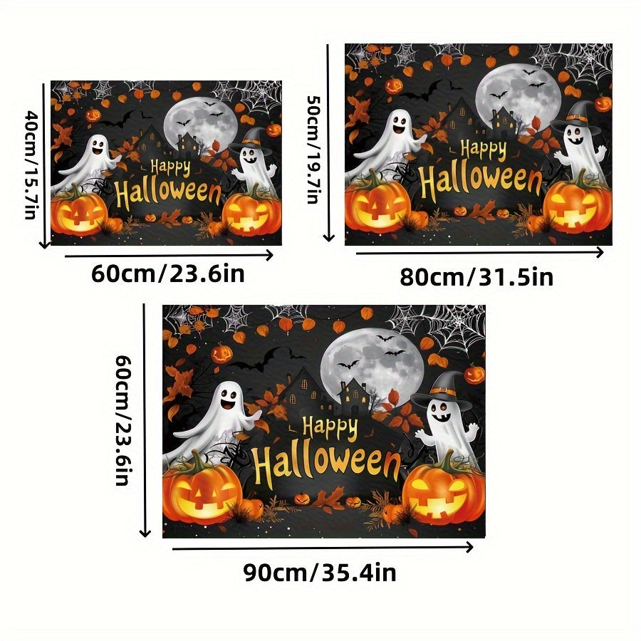 Get into the spooky spirit with our "Happy Halloween" doormat! Made of durable, non-slip, and machine washable polyester, this outdoor mat features a festive design of ghosts, pumpkins, and autumn leaves. Perfect for your entryway, living room, kitchen