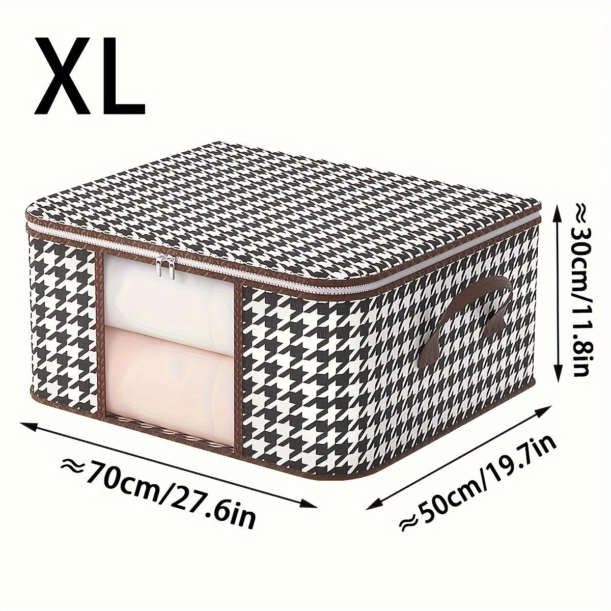 The Houndstooth Pattern Clothes Storage Bag with Transparent Window is a versatile and stylish option for organizing your wardrobe. Made of non-woven material, this quilt clothes organizer bag is dustproof and foldable for easy storage. It makes a