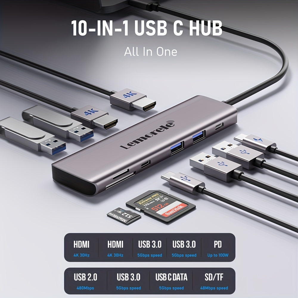 Lemorele 10-in-1 USB-C Hub with 4K HDMI, PD 100W Fast Charge, Dual USB 3.0, SD/TF Card Reader, Compatible with Laptops, 5V Operating Voltage, USB-C Power Mode