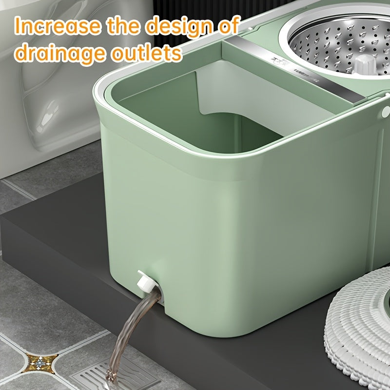 The Rotating Mop Bucket Set with Stainless Steel Rod, Three Mop Cloths, and Hands-Free Washing Design is perfect for households and ideal for use in the living room, kitchen, and bathroom. It is specially designed for those who prefer a more convenient