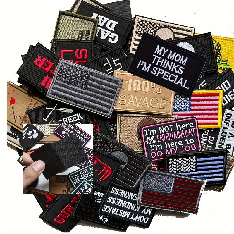 Set of 20 randomly selected tactical military patches with funny designs, fully embroidered and suitable for bags, backpacks, clothing, vests, and uniforms.