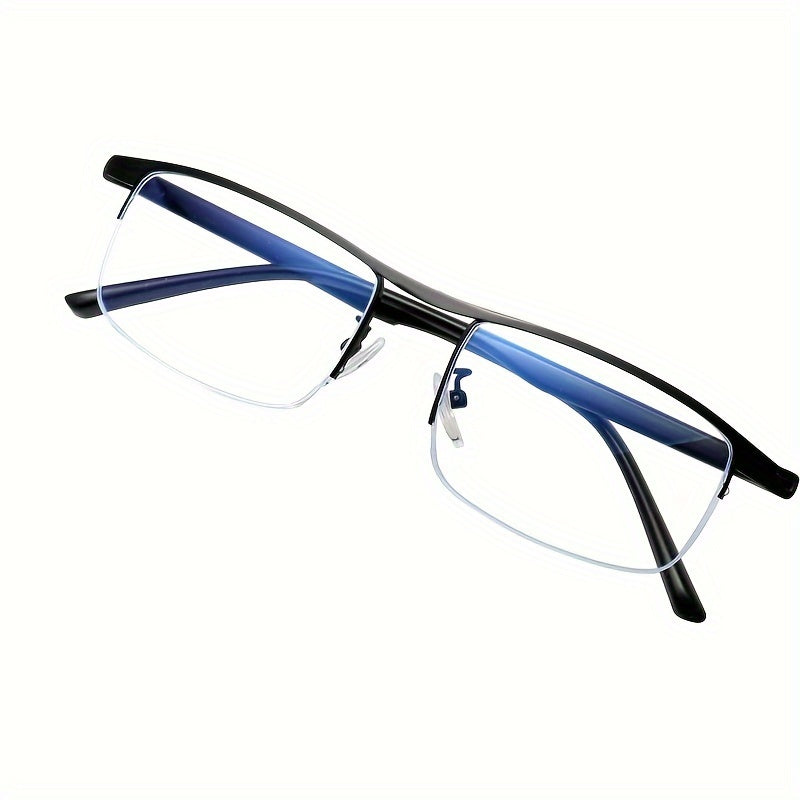 Automatic dual-purpose multi-focus reading glasses for men and women with anti-blue light technology and half-frame design.