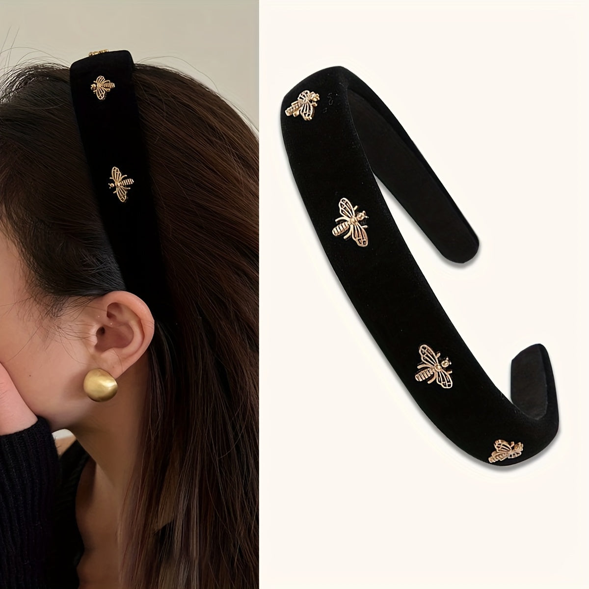 Stylish black velvet headband with golden bee embellishments, perfect for women on Valentine's Day.