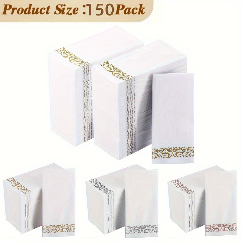 A pack of 150 disposable guest towels featuring a linen-like design, perfect for the kitchen, parties, weddings, banquets, or as decorative hand towels in bathrooms. Each box contains 3 packs, with 50 towels in each pack, for a total of 150 towels.