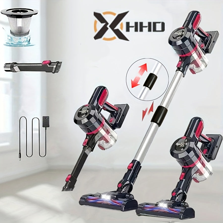 HHD Cordless Vacuum Cleaner with 250W motor, 25KPa suction power, ideal for home and car, includes accessories.