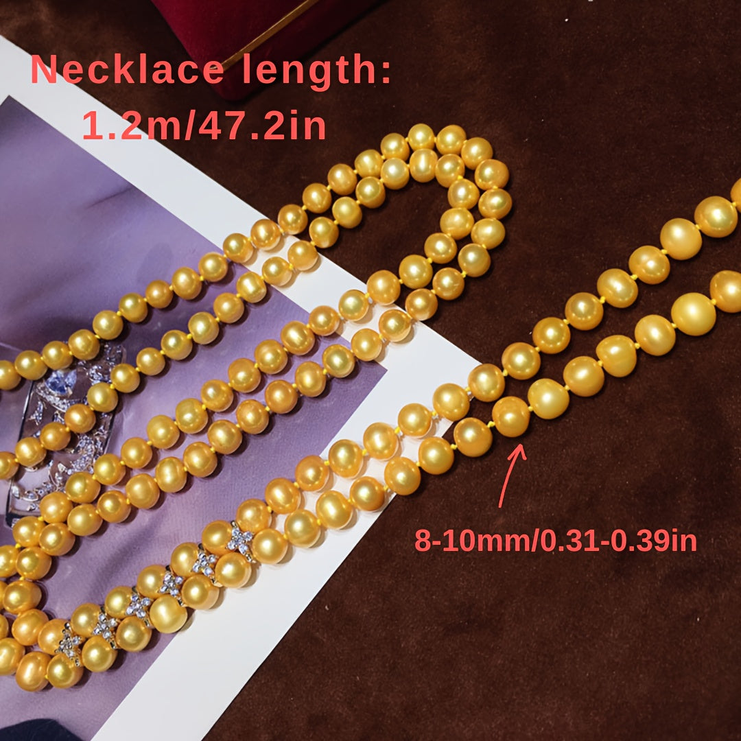 New for the autumn and winter season, this elegant and classic long chain sweater featuring natural freshwater golden pearls is perfect for formal occasions, banquets, or everyday wear. With minor flaws that add to its unique charm, this stunning piece