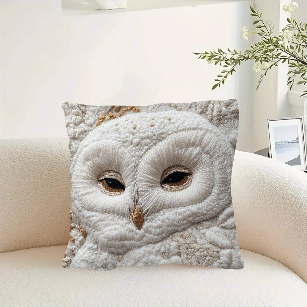 Super soft plush pillow cover with snowy owl design, 45.72x45.72 cm. Perfect for sofa, living room, bedroom decor. Double-sided print, zip closure, machine washable. Insert not included. Ideal for couch.