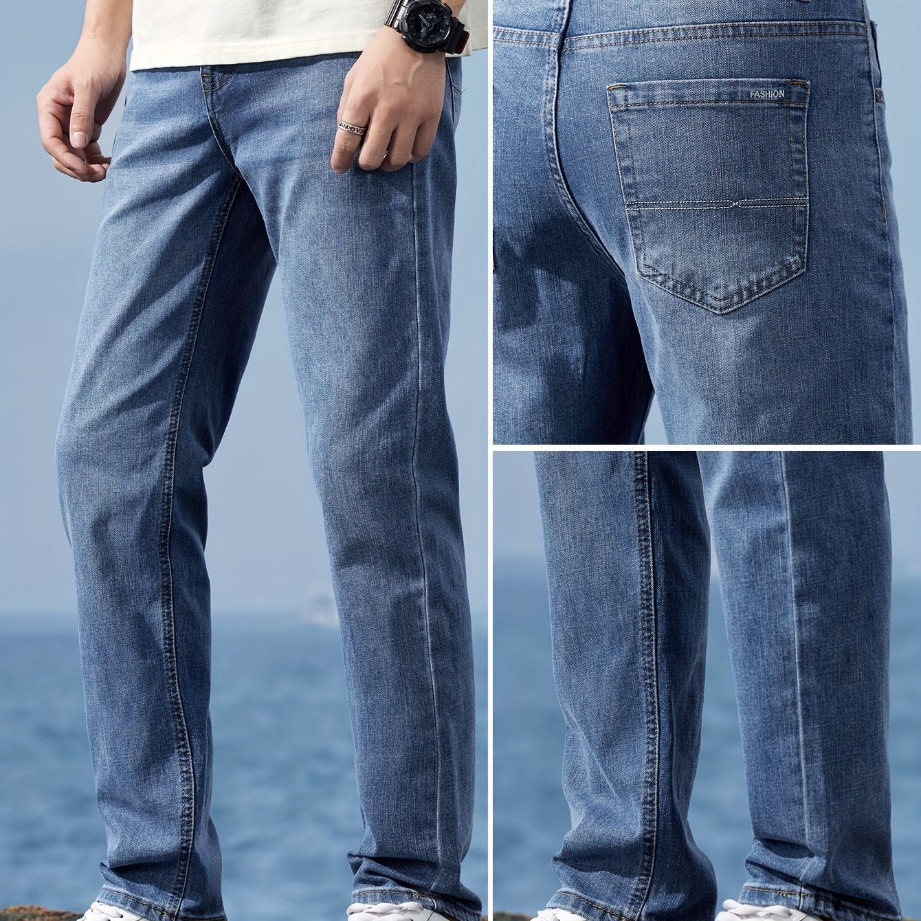 Solid loose denim trousers with pockets for men, made from breathable cotton blend. Perfect for outdoor activities.