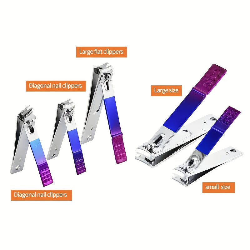 Colorful stainless steel nail clippers set for home and travel beauty care.