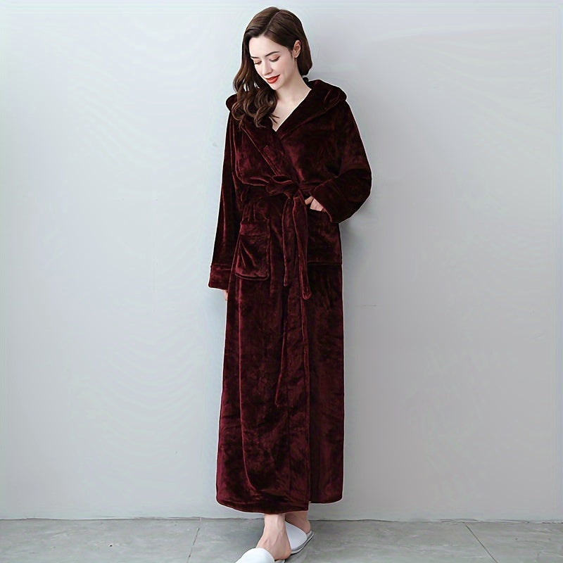 Coral Fleece Bathrobe with Long Sleeves, Couple Style, Hooded for Autumn and Winter