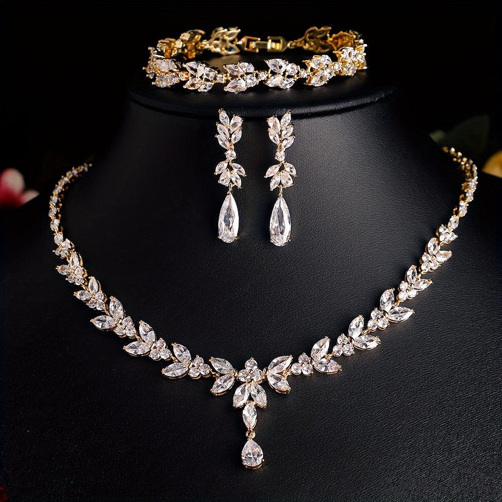 Luxurious Copper Jewelry Set Featuring Synthetic Zirconia - Perfect Bridal Necklace, Bracelet, and Earrings Set for Weddings and Valentine's Day Gifts with 4 Pieces.