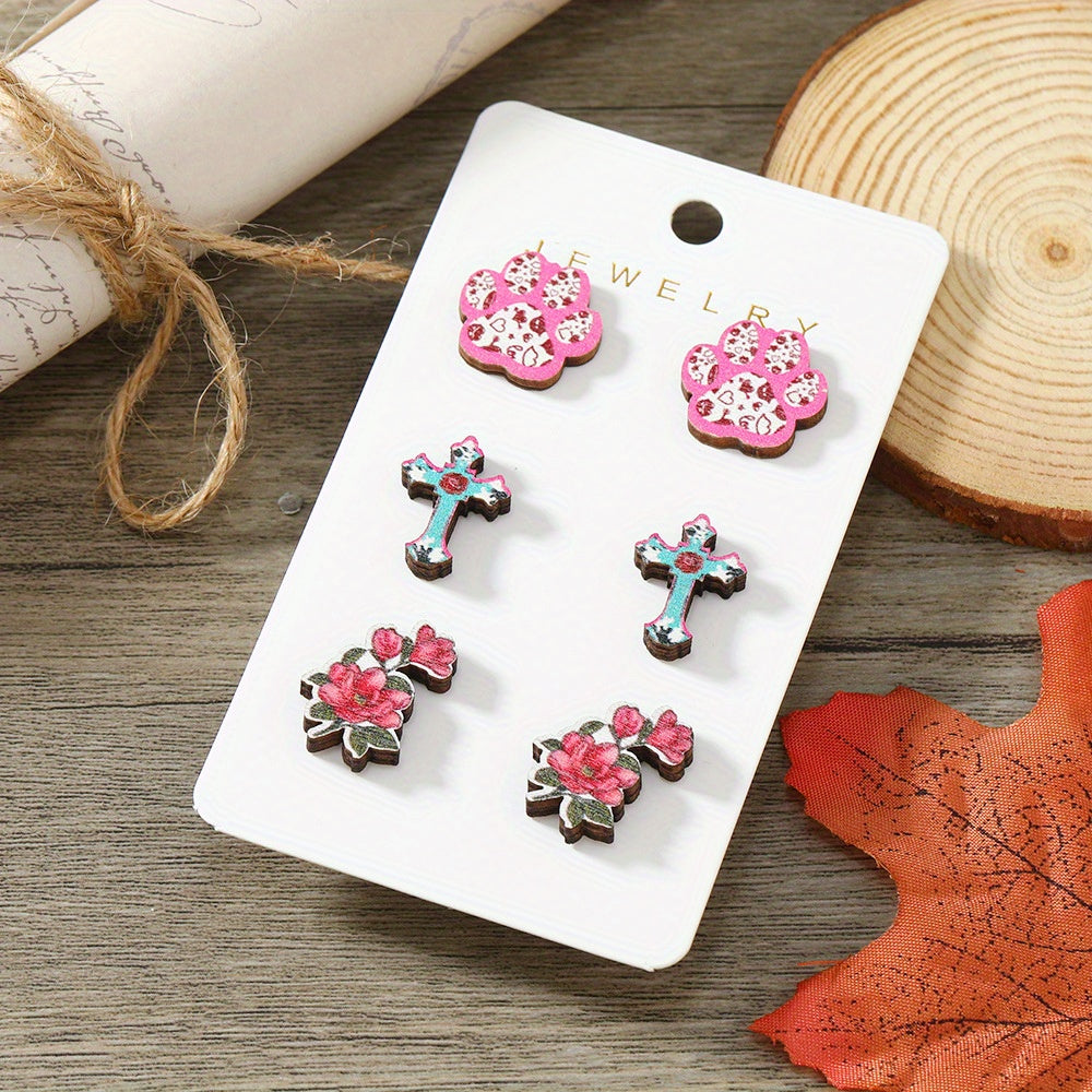 Get 9 pairs of women's fashion earrings for Valentine's Day, including pink rose love earrings, wooden cupid's arrow calendar earrings, coffee cup love earrings, palm bier earrings, and more. These earrings are made from wooden materials and will make