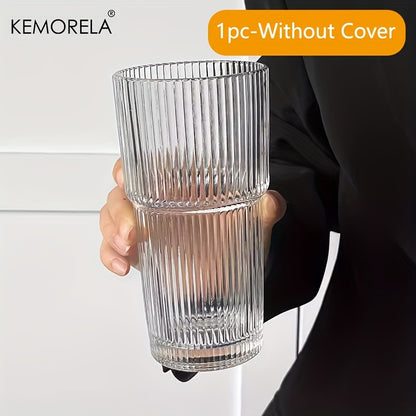 KEMORELA Large Capacity Vertical Striped Glass Cups, with or without lid, for cold drinks, juice, coffee, and water.