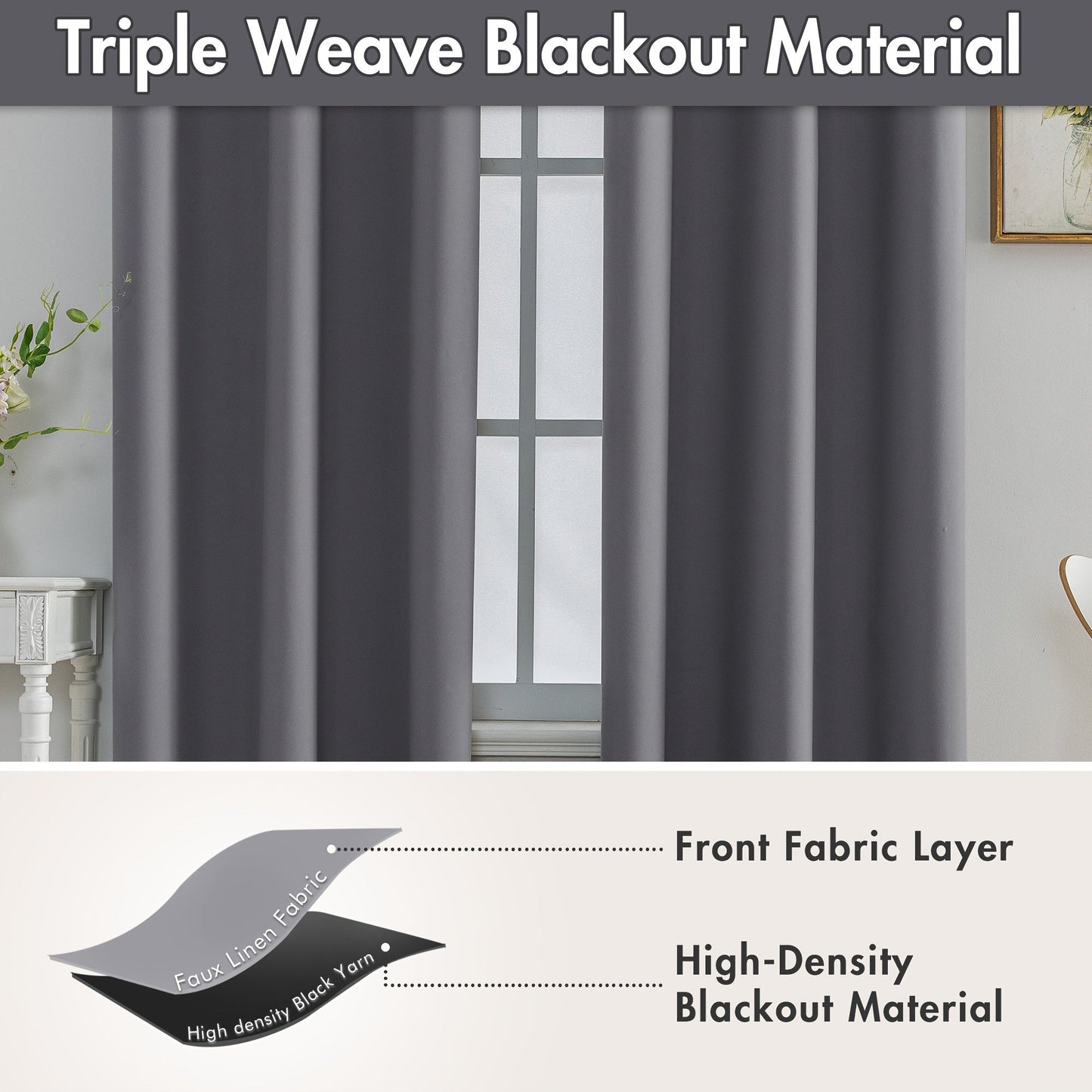 Modern Blackout Privacy Room Divider Curtain features UV protection and water-resistant polyester material with a grommet top for easy hanging. It is machine washable and suitable for all seasons, perfect for use in the living room or bedroom.