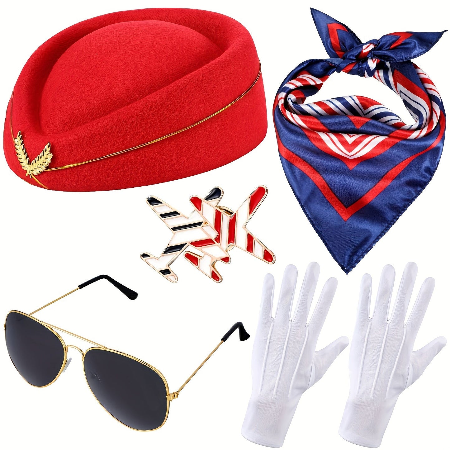 Set of 7 Women's Flight Attendant Costume Accessories - Stewardess Outfits with Flight Hat, Glasses, Scarf, Gloves, and Elegant Special Touches