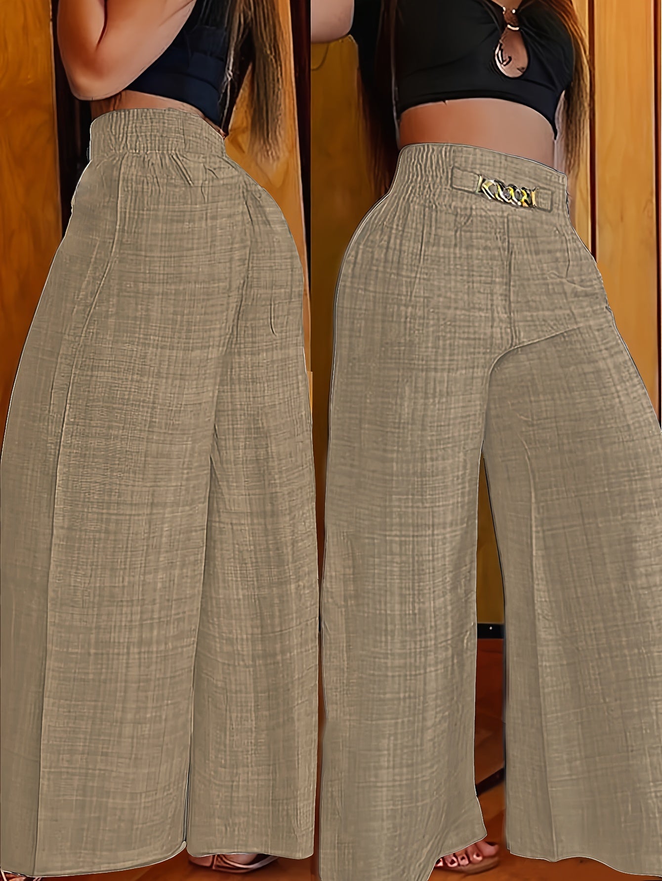 Wide-leg pants with gathered waist in a solid color polyester blend, suitable for all seasons, no stretch.