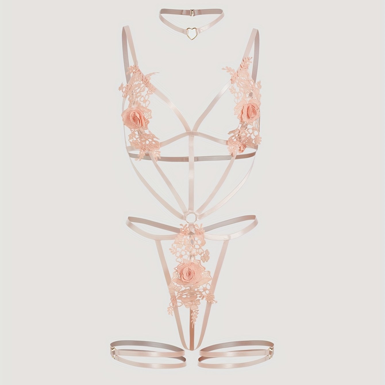 Polyester knit bodysuit with embroidery and heart pattern, part of a 3-piece lingerie set for women.