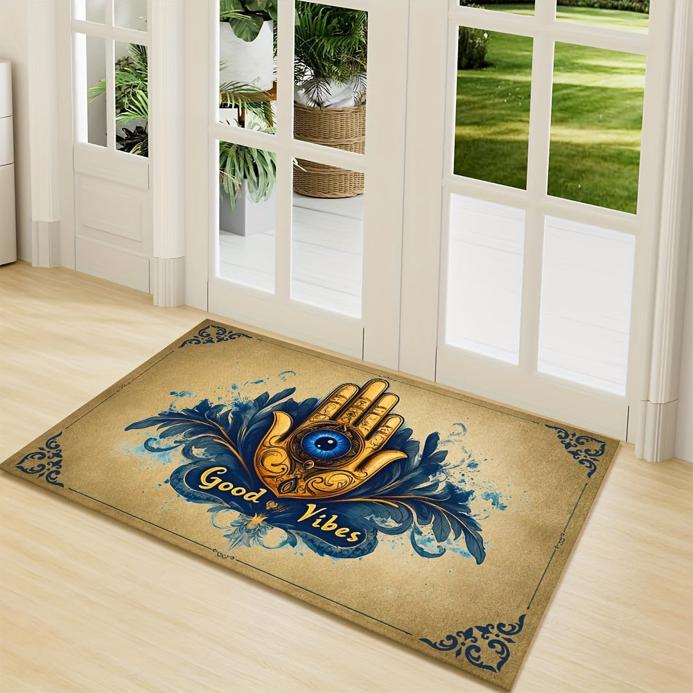 Add a touch of style to your home with this Evil Eye Welcome Doormat. Featuring a Good Vibes pattern, this decorative woven floor mat is non-slip, machine washable, and easy to clean. Made of polyester, this rug is perfect for both indoor and outdoor